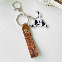 Load image into Gallery viewer, Rhinestone Bull + Leather Strap Keychain
