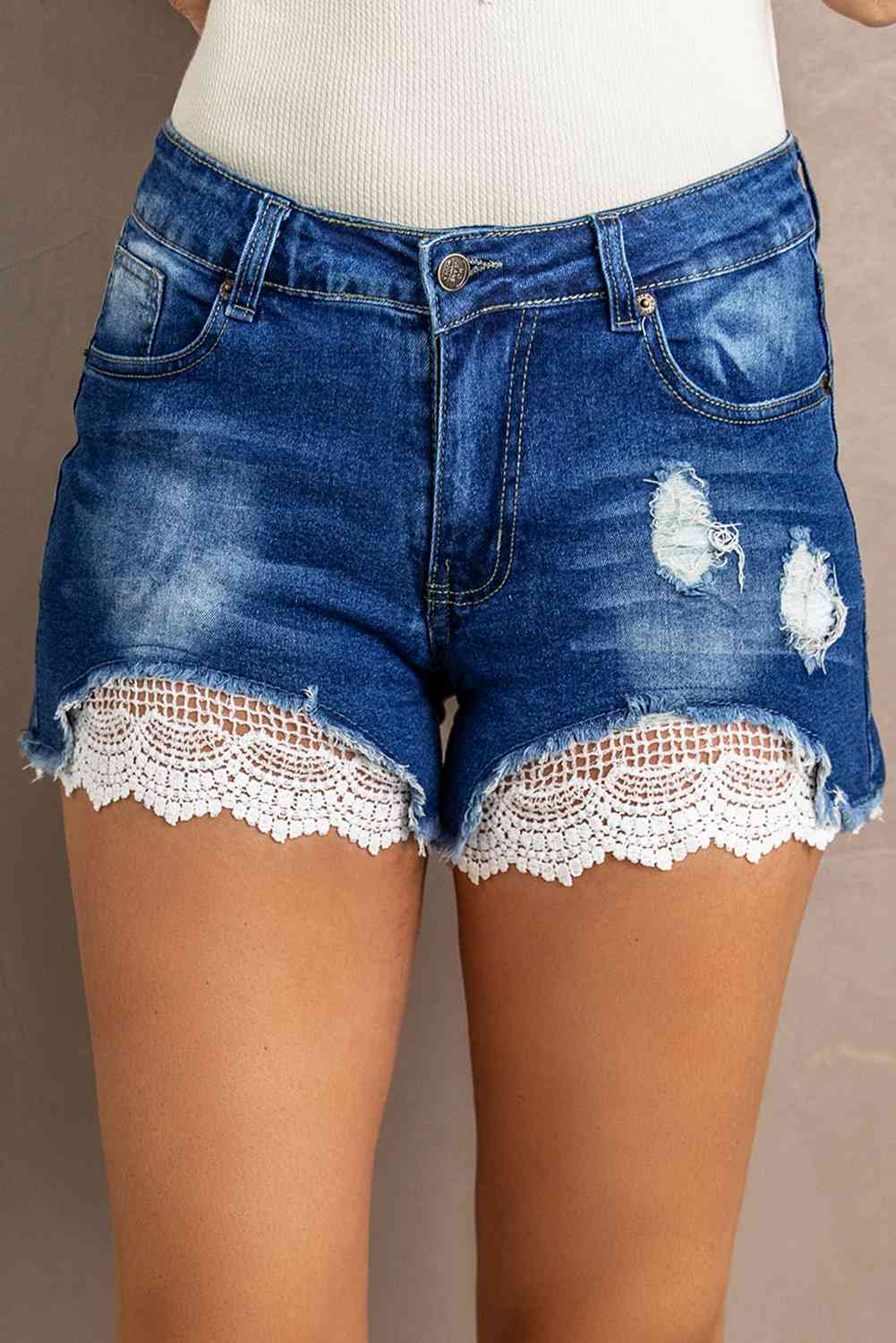 Laced Distressed Denim Shorts