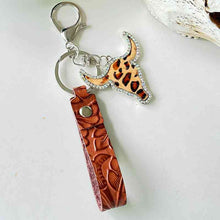 Load image into Gallery viewer, Rhinestone Bull + Leather Strap Keychain
